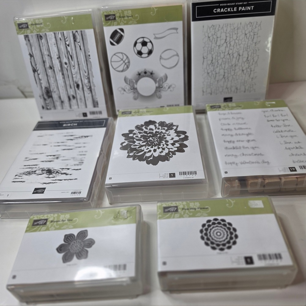 Stampin Up Wood Mounted Rubber Stamps Lot 8 Birch Crackle Holiday Floral Sport